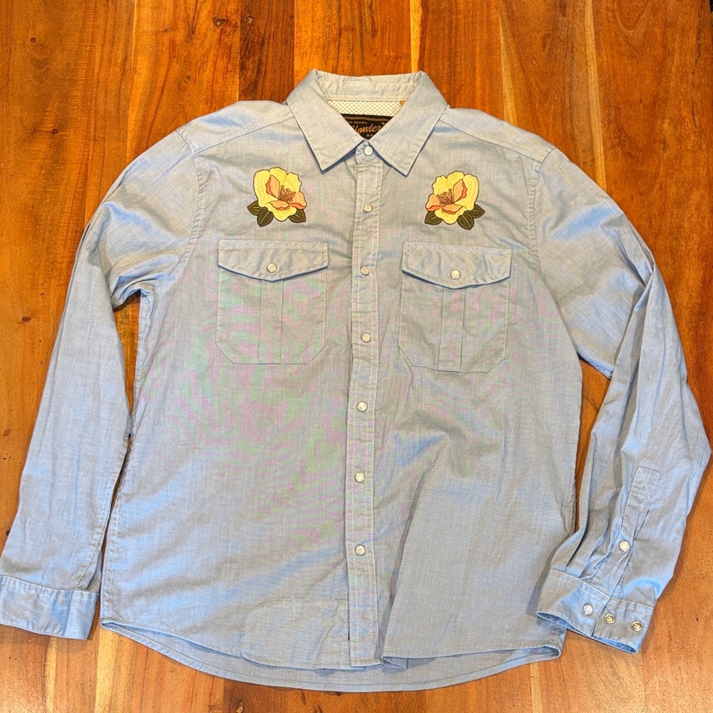Howler Brothers Light Blue Shirt with Floral Embroidery